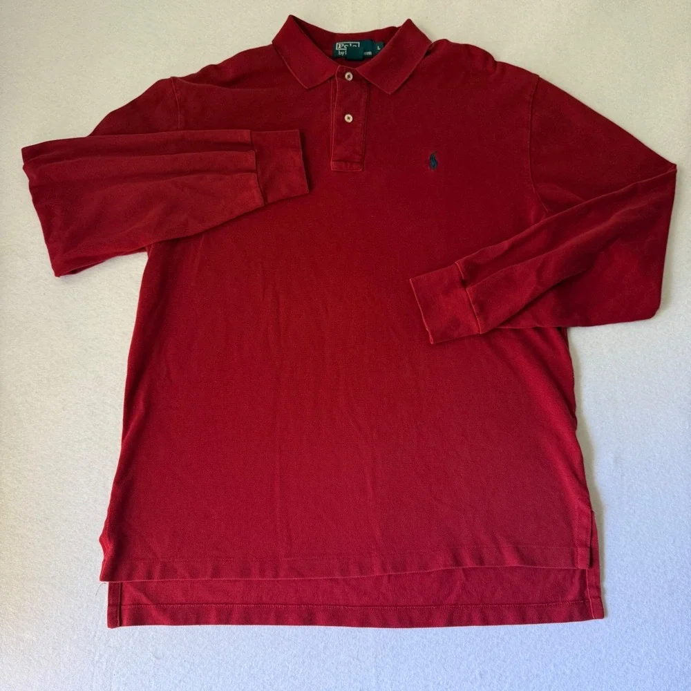 Vintage Polo Ralph Lauren Long Sleeve Polo Shirt Red Large Mens Pique Cotton